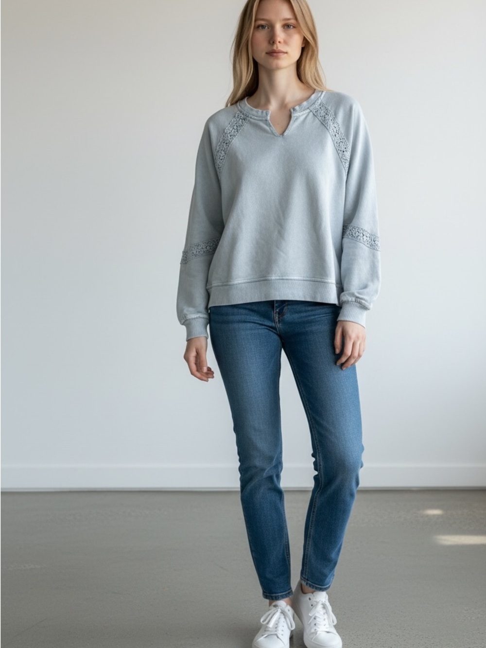 Aerie Hey Crochet Sweatshirt - Light Blue with Lace - Picture 1 of 5